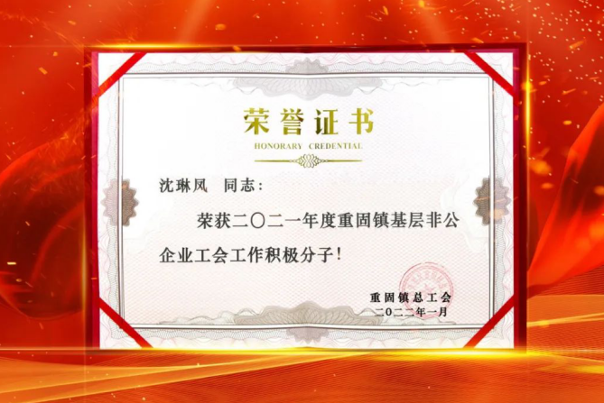实至名归！力新工会主席沈琳凤荣获“2021年度重固镇基层非公企业工会工作积极分子
